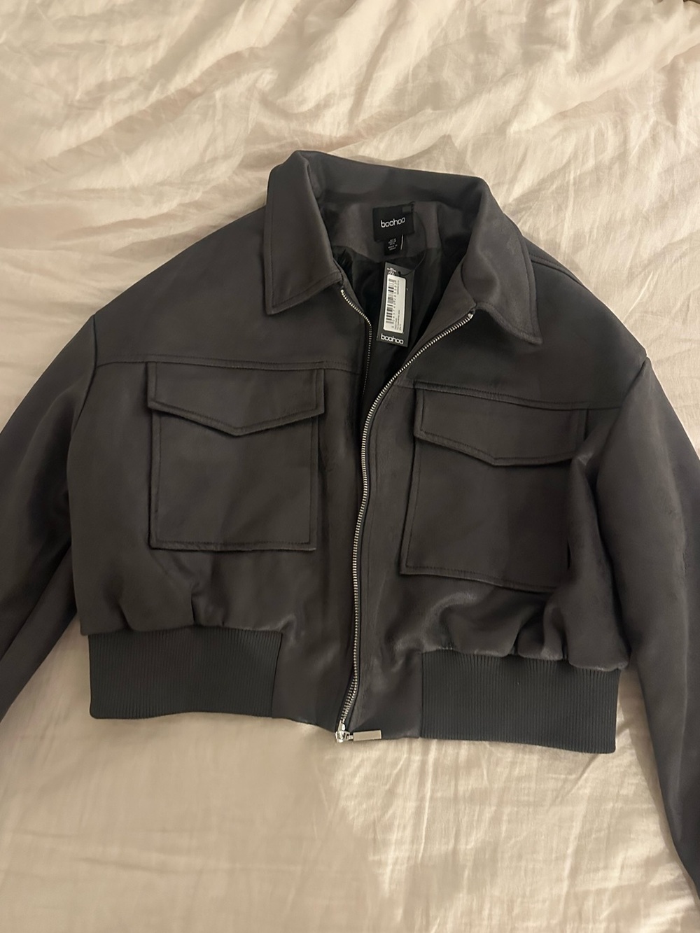 Boohoo Charcoal Black Cropped Utility Bomber Jacket